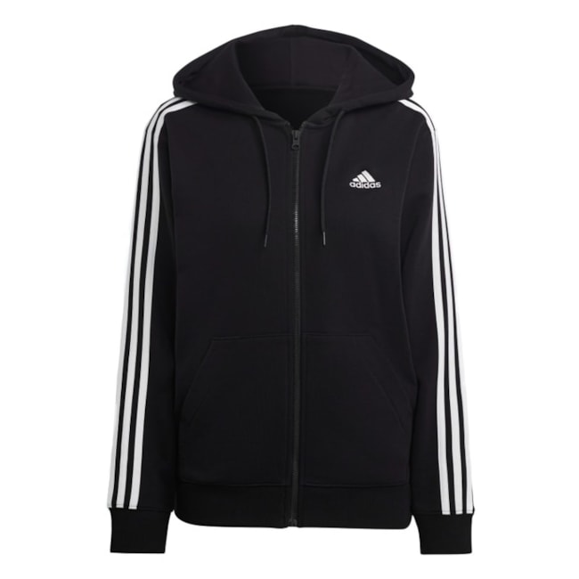 Blusa Capuz Zíper Regular Essentials 3-Stripes Adidas Feminina Preto