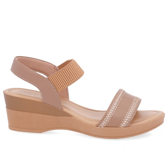 Sandália Salto Couro Anabela Feminina Camel