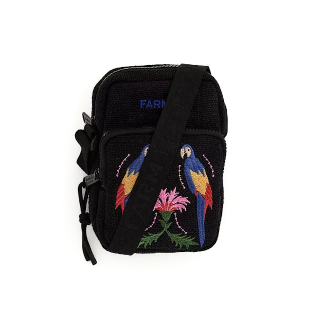 Shouder Bag Farm Da Gema Bordado Arara Patchwork Preto