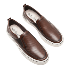 Tênis Casual Slip On De Couro Democrata Masculino Tan